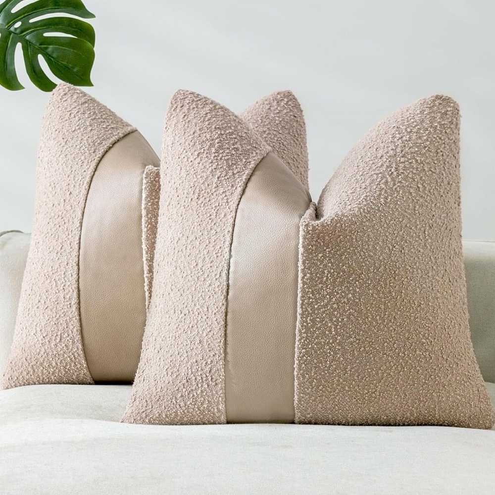 NWT Boucle Throw Pillow Covers 18x18 Inch 2 Pack with Faux Leather, Oatmeal